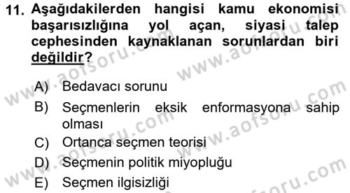 Kamu Ekonomisi 1 Dersi 2015 - 2016 Yılı (Final) Dönem Sonu Sınav Soruları 11. Soru