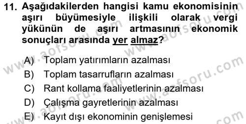 Kamu Ekonomisi 1 Dersi 2016 - 2017 Yılı (Vize) Ara Sınav Soruları 11. Soru