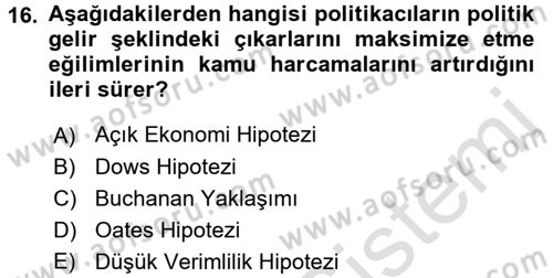 Kamu Ekonomisi 1 Dersi 2016 - 2017 Yılı (Vize) Ara Sınav Soruları 16. Soru
