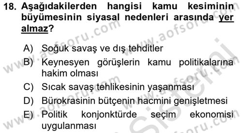 Kamu Ekonomisi 1 Dersi 2017 - 2018 Yılı (Vize) Ara Sınav Soruları 18. Soru