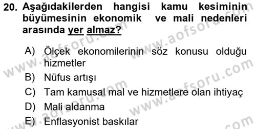 Kamu Ekonomisi 1 Dersi 2017 - 2018 Yılı (Vize) Ara Sınav Soruları 20. Soru