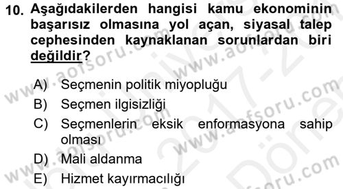 Kamu Ekonomisi 1 Dersi 2017 - 2018 Yılı (Final) Dönem Sonu Sınav Soruları 10. Soru