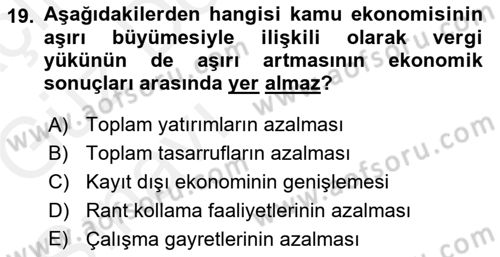Kamu Ekonomisi 1 Dersi 2018 - 2019 Yılı (Vize) Ara Sınav Soruları 19. Soru
