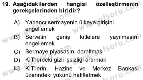 Kamu Ekonomisi 1 Dersi 2018 - 2019 Yılı (Final) Dönem Sonu Sınav Soruları 19. Soru