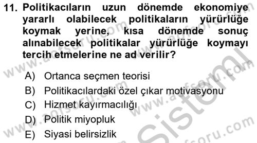 Kamu Ekonomisi 1 Dersi 2018 - 2019 Yılı Yaz Okulu Sınav Soruları 11. Soru