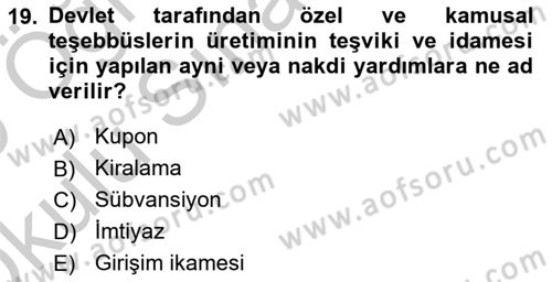 Kamu Ekonomisi 1 Dersi 2018 - 2019 Yılı Yaz Okulu Sınav Soruları 19. Soru