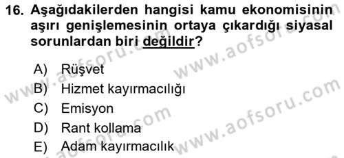 Kamu Ekonomisi 1 Dersi 2019 - 2020 Yılı (Vize) Ara Sınav Soruları 16. Soru