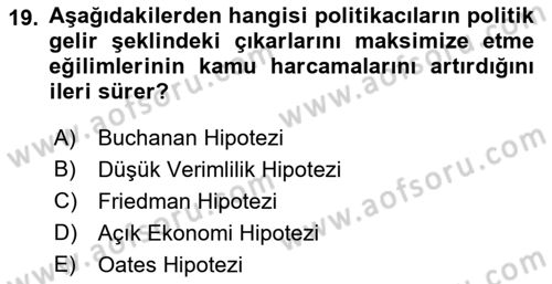 Kamu Ekonomisi 1 Dersi 2019 - 2020 Yılı (Vize) Ara Sınav Soruları 19. Soru