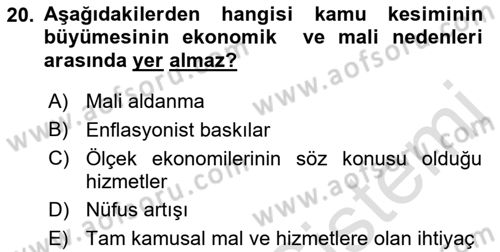 Kamu Ekonomisi 1 Dersi 2019 - 2020 Yılı (Vize) Ara Sınav Soruları 20. Soru