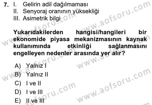Kamu Ekonomisi 1 Dersi 2020 - 2021 Yılı Yaz Okulu Sınav Soruları 7. Soru