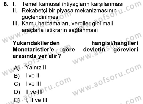 Kamu Ekonomisi 1 Dersi 2020 - 2021 Yılı Yaz Okulu Sınav Soruları 8. Soru