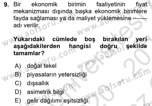 Kamu Ekonomisi 1 Dersi 2020 - 2021 Yılı Yaz Okulu Sınav Soruları 9. Soru