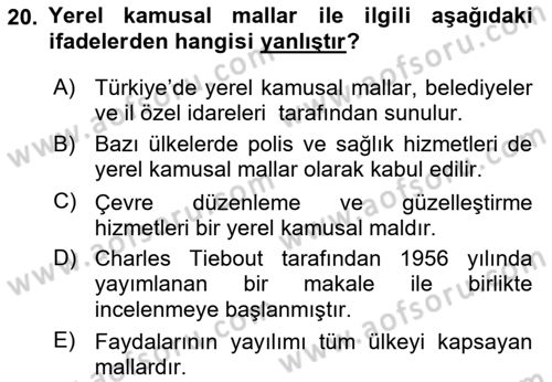 Kamu Ekonomisi 1 Dersi Ara Sınavı Deneme Sınav Soruları 20. Soru