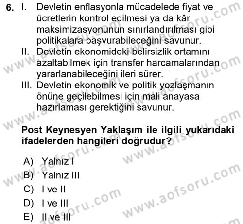 Kamu Ekonomisi 1 Dersi Ara Sınavı Deneme Sınav Soruları 6. Soru