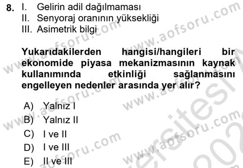 Kamu Ekonomisi 1 Dersi Ara Sınavı Deneme Sınav Soruları 8. Soru