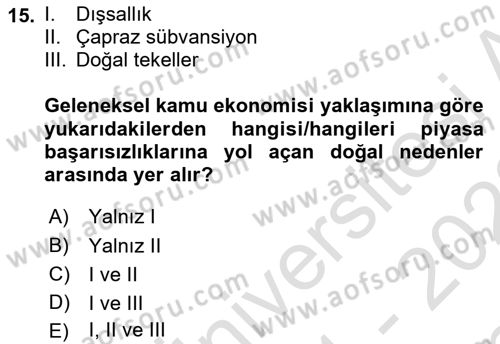 Kamu Ekonomisi 1 Dersi 2021 - 2022 Yılı (Final) Dönem Sonu Sınavı 15. Soru