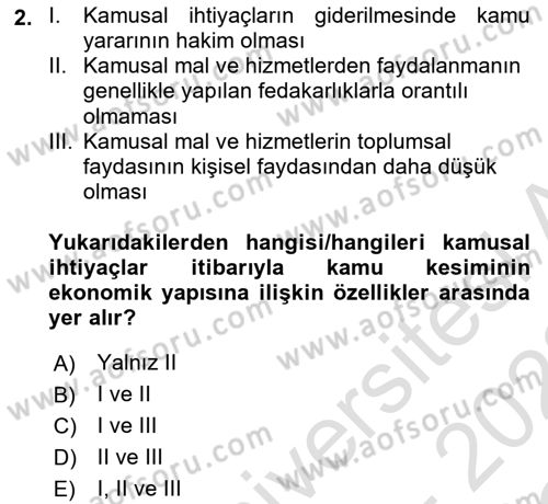 Kamu Ekonomisi 1 Dersi 2021 - 2022 Yılı Yaz Okulu Sınav Soruları 2. Soru