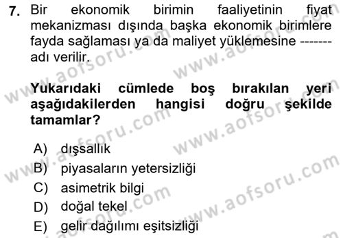 Kamu Ekonomisi 1 Dersi 2021 - 2022 Yılı Yaz Okulu Sınav Soruları 7. Soru