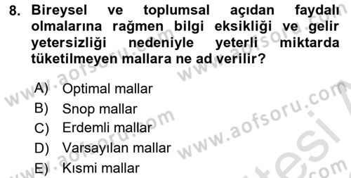 Kamu Ekonomisi 1 Dersi 2021 - 2022 Yılı Yaz Okulu Sınav Soruları 8. Soru