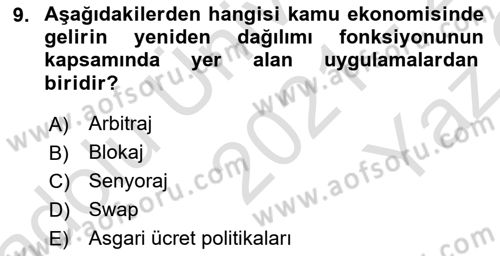 Kamu Ekonomisi 1 Dersi 2021 - 2022 Yılı Yaz Okulu Sınav Soruları 9. Soru