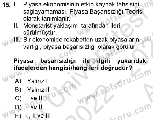 Kamu Ekonomisi 1 Dersi 2022 - 2023 Yılı (Vize) Ara Sınav Soruları 15. Soru