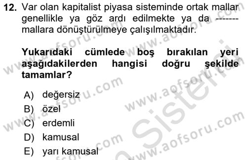 Kamu Ekonomisi 1 Dersi 2022 - 2023 Yılı (Final) Dönem Sonu Sınav Soruları 12. Soru