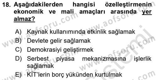 Kamu Ekonomisi 1 Dersi 2022 - 2023 Yılı Yaz Okulu Sınav Soruları 18. Soru