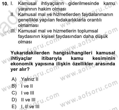 Kamu Ekonomisi 1 Dersi Ara Sınavı Deneme Sınav Soruları 10. Soru