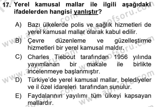 Kamu Ekonomisi 1 Dersi Ara Sınavı Deneme Sınav Soruları 17. Soru