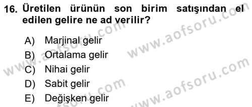 Kamu Ekonomisi 1 Dersi 2023 - 2024 Yılı (Final) Dönem Sonu Sınav Soruları 16. Soru