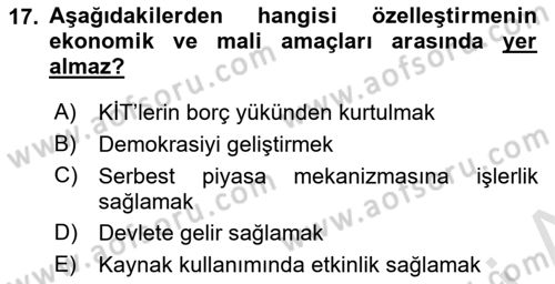 Kamu Ekonomisi 1 Dersi 2023 - 2024 Yılı (Final) Dönem Sonu Sınav Soruları 17. Soru