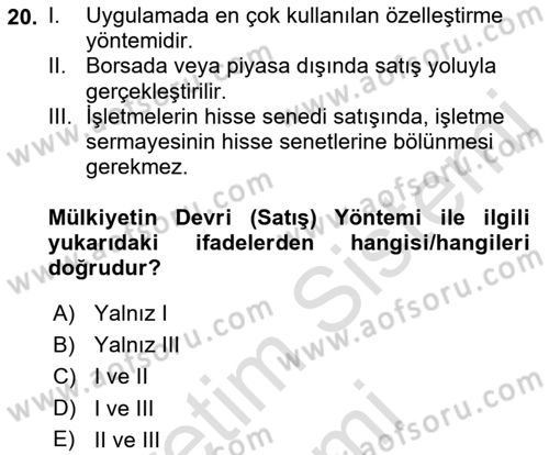 Kamu Ekonomisi 1 Dersi 2023 - 2024 Yılı (Final) Dönem Sonu Sınav Soruları 20. Soru