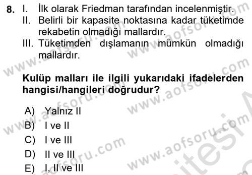 Kamu Ekonomisi 1 Dersi 2023 - 2024 Yılı Yaz Okulu Sınav Soruları 8. Soru