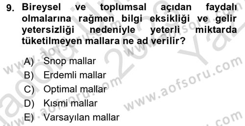 Kamu Ekonomisi 1 Dersi 2023 - 2024 Yılı Yaz Okulu Sınav Soruları 9. Soru