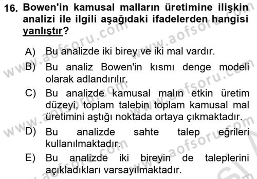 Kamu Ekonomisi 1 Dersi 2024 - 2025 Yılı (Vize) Ara Sınav Soruları 16. Soru