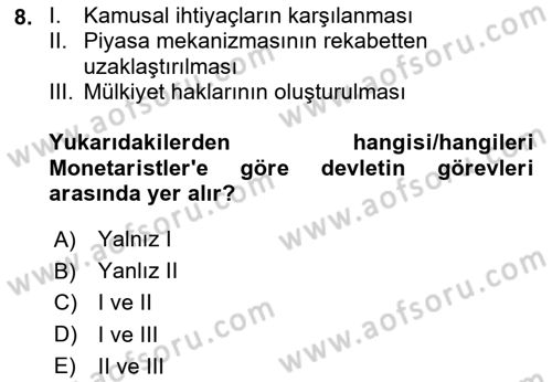 Kamu Ekonomisi 1 Dersi Ara Sınavı Deneme Sınav Soruları 8. Soru