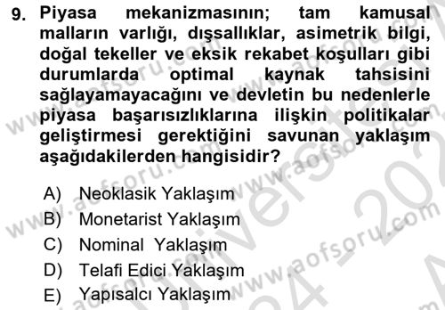 Kamu Ekonomisi 1 Dersi 2024 - 2025 Yılı (Vize) Ara Sınav Soruları 9. Soru