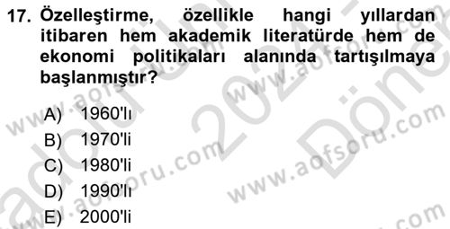 Kamu Ekonomisi 1 Dersi 2024 - 2025 Yılı (Final) Dönem Sonu Sınav Soruları 17. Soru