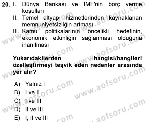Kamu Ekonomisi 1 Dersi 2024 - 2025 Yılı (Final) Dönem Sonu Sınav Soruları 20. Soru