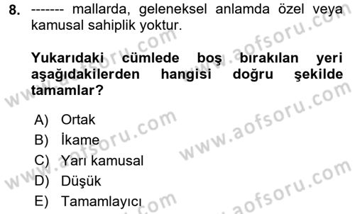 Kamu Ekonomisi 1 Dersi 2024 - 2025 Yılı (Final) Dönem Sonu Sınav Soruları 8. Soru