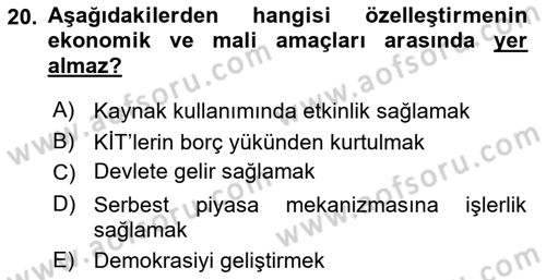 Kamu Ekonomisi 1 Dersi 2024 - 2025 Yılı Yaz Okulu Sınav Soruları 20. Soru