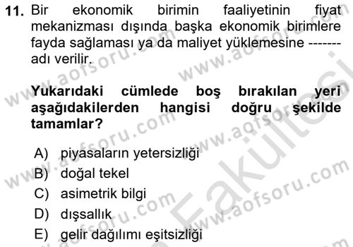 Kamu Ekonomisi 1 Dersi 2025 - 2026 Yılı (Vize) Ara Sınav Soruları 11. Soru