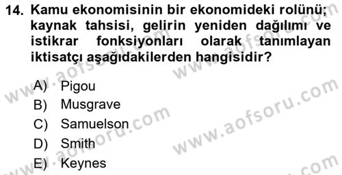Kamu Ekonomisi 1 Dersi 2025 - 2026 Yılı (Vize) Ara Sınav Soruları 14. Soru