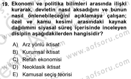 Kamu Ekonomisi 1 Dersi 2025 - 2026 Yılı (Vize) Ara Sınav Soruları 19. Soru