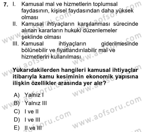 Kamu Ekonomisi 1 Dersi 2025 - 2026 Yılı (Vize) Ara Sınav Soruları 7. Soru