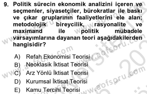 Kamu Ekonomisi 1 Dersi 2025 - 2026 Yılı (Vize) Ara Sınav Soruları 9. Soru