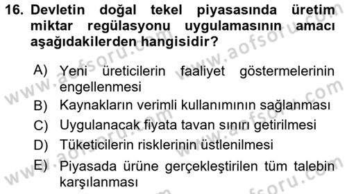 Kamu Ekonomisi 1 Dersi 2025 - 2026 Yılı (Final) Dönem Sonu Sınav Soruları 16. Soru