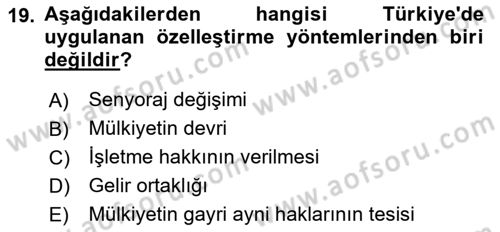 Kamu Ekonomisi 1 Dersi 2025 - 2026 Yılı (Final) Dönem Sonu Sınav Soruları 19. Soru