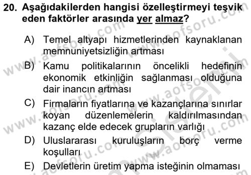 Kamu Ekonomisi 1 Dersi 2025 - 2026 Yılı (Final) Dönem Sonu Sınav Soruları 20. Soru
