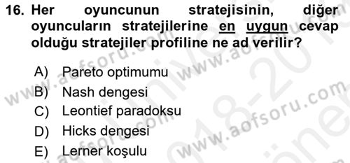 Kamu Ekonomisi 2 Dersi 2018 - 2019 Yılı (Final) Dönem Sonu Sınavı 16. Soru